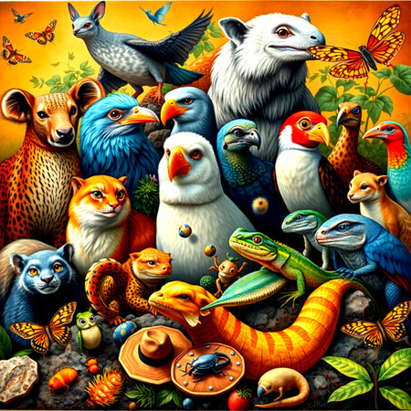 Animals in the forest. Colorful background. Vector illustration.の写真素材