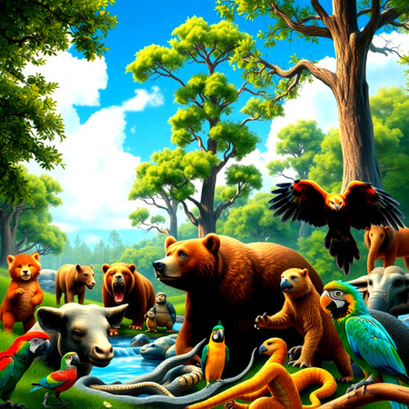 3D rendering of a group of wild animals in the forest.の写真素材