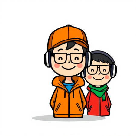 Father and son wearing winter clothes and headphones. Vector Illustration.