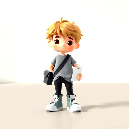 3D Render of a Little Boy Holding a Notebook and a Bagの写真素材