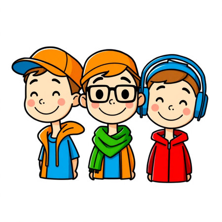 Vector illustration of a group of children with headphones and a cap.の写真素材