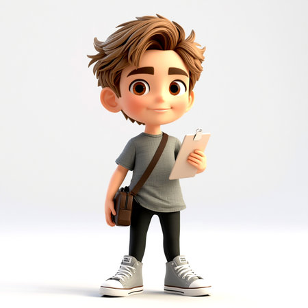 3D Render of a boy with a notepad and a bagの写真素材