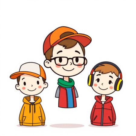 Vector illustration of a group of boys wearing winter clothes and listening to musicの写真素材