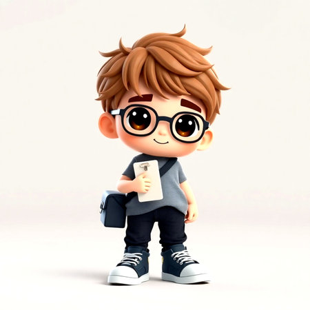 3D Render of Little Boy with glasses and backpack on white backgroundの写真素材