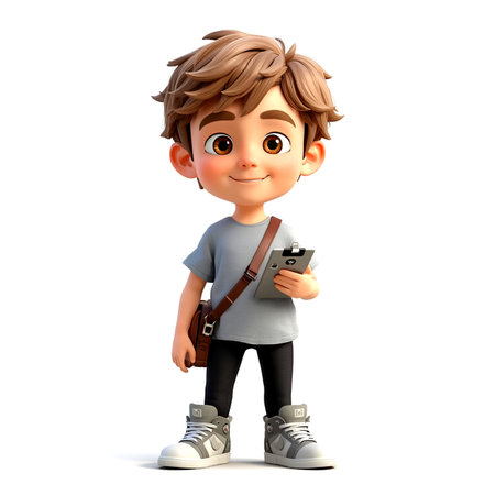 3d Render of Little boy with mobile phone  Isolated white backgroundの写真素材
