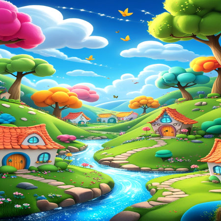 cartoon scene with small village and river - illustration for the childrenの写真素材