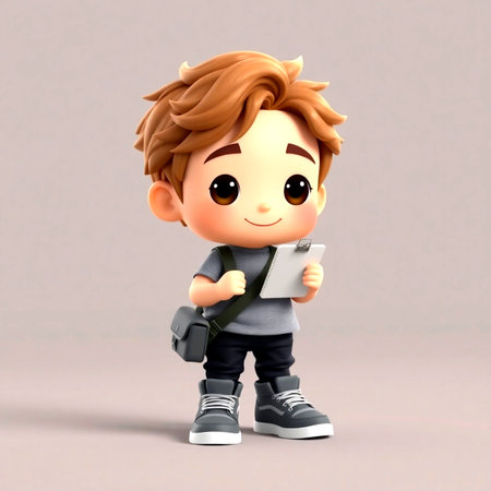Cute boy with backpack using a smartphone - 3D Illustrationの写真素材