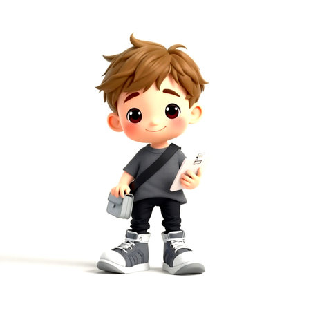 3D Render of a Kid Boy with Backpack and Smartphoneの写真素材
