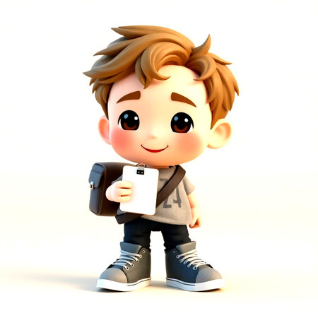 3D Render of a Little School Boy with a Blank Notebookの写真素材