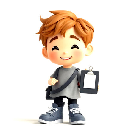 3d Render of Little Boy with Schoolbag and Blank Clipboardの写真素材