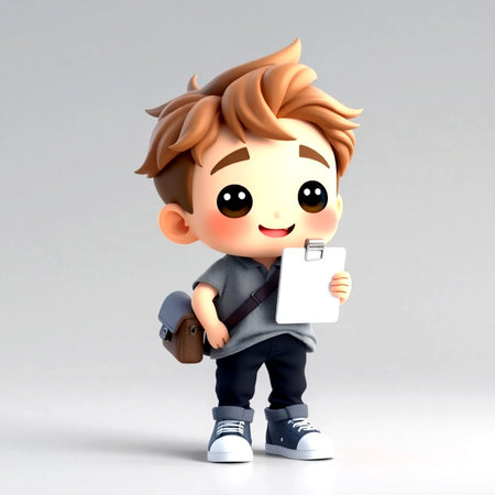 3D Render of a Kid Boy with Backpack and Paper Clipboardの写真素材