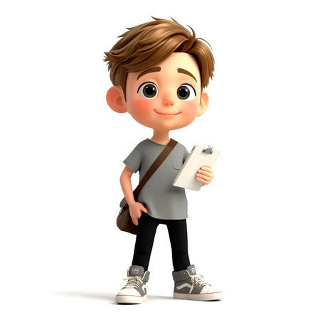 3D Render of Little Boy with a note book on white backgroundの写真素材