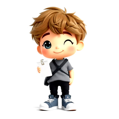 3d Render of Little Schoolboy with bag and book on white backgroundの写真素材