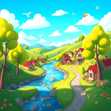 Cartoon landscape with village and river - illustration for children (illustration)の写真素材