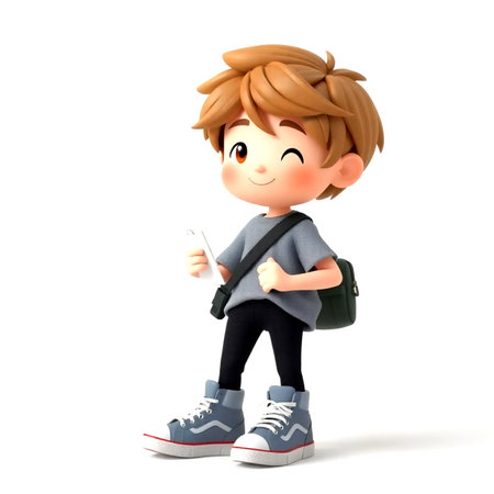 3D Render of a Little Boy with a Backpack and Tabletの写真素材