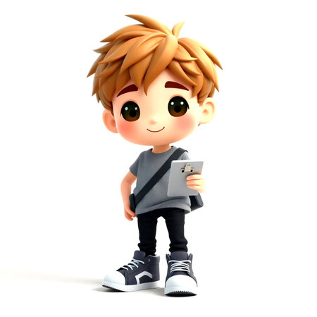 3d Render of Little Boy with mobile phone. Isolated white backgroundの写真素材