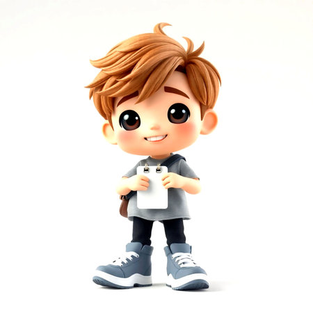 3d render of a cute boy holding a rectangular object.