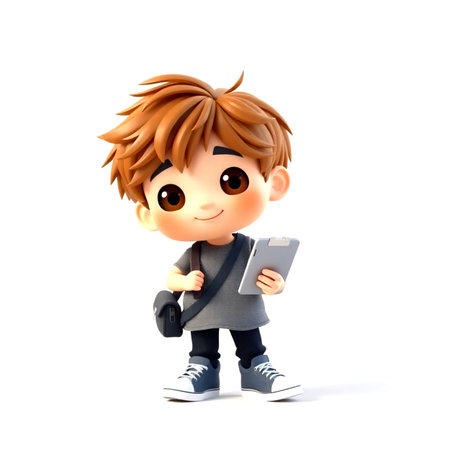 3D Render of a Cute School Boy with Backpack and Tabletの写真素材