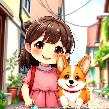 Cute little girl with her dog on the street. Vector illustration.