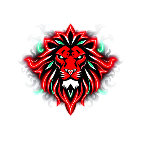 Lion head with red fire flames on white background. Vector illustration.