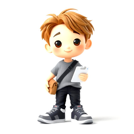 3d illustration of a cute boy holding a tablet isolated on white backgroundの写真素材