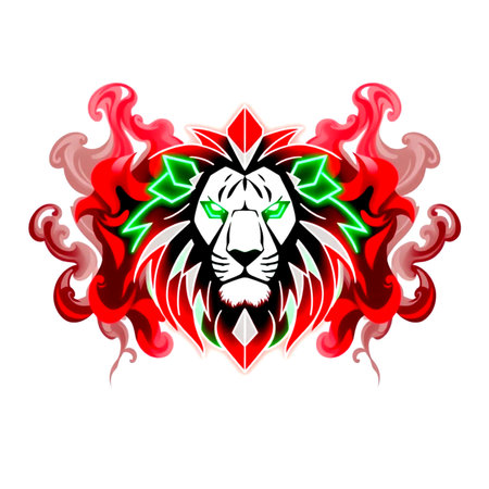 Tribal lion head with colorful fire flames. Vector illustration.の写真素材