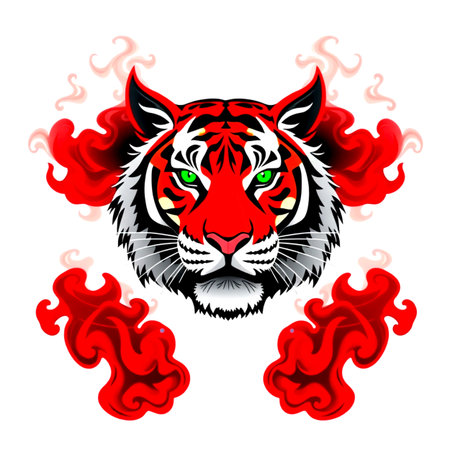 Tiger head with fire flames on white background. Vector illustration.の写真素材