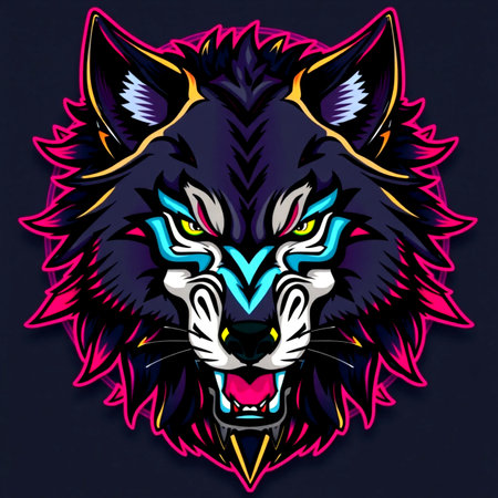 Wolf head with colorful background. Psychedelic design. Vector illustration.
