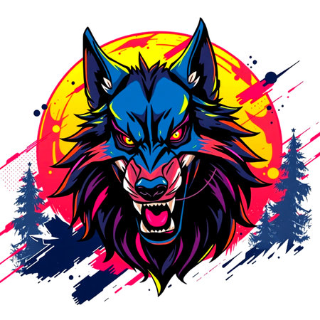 Wolf head on the background of the full moon. Vector illustration.