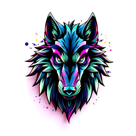Wolf head with colorful paint splashes on white background. Vector illustration.