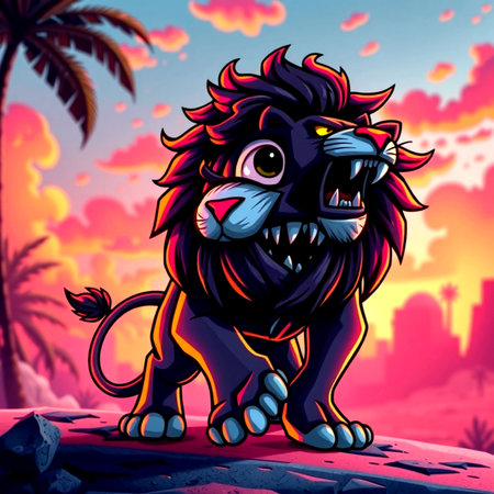 Lion on the rock in the jungle. Vector cartoon illustration.