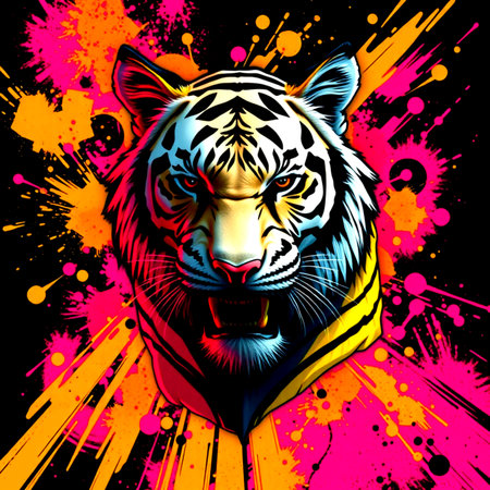 Tiger head with colorful paint splashes on black background. Vector illustration.の写真素材