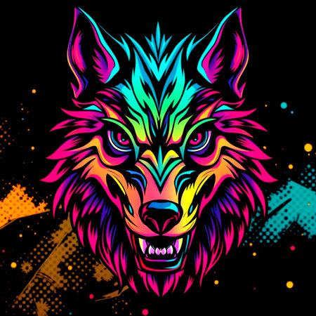 Wolf head in pop art style on black background. Vector illustration.