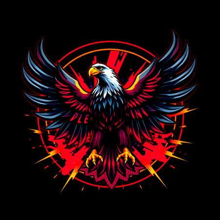 Eagle head with wings and rays. Vector illustration on black background.の写真素材