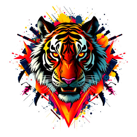 Tiger head with colorful splashes and blots. Vector illustration.の写真素材