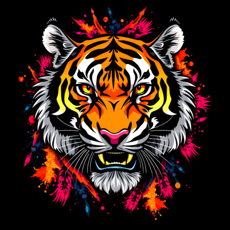 Tiger head with colorful splashes on black background. Vector illustration.の写真素材