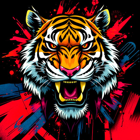 Tiger head on a grunge background with splashes. Vector illustration.の写真素材