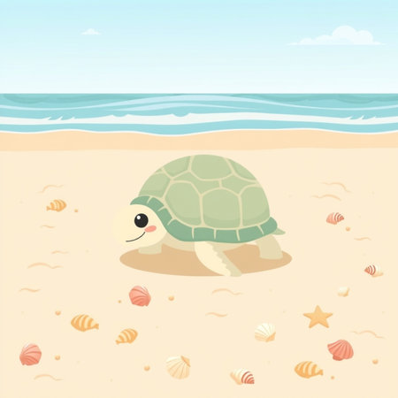 Cartoon sea turtle on the beach. Vector illustration in flat style