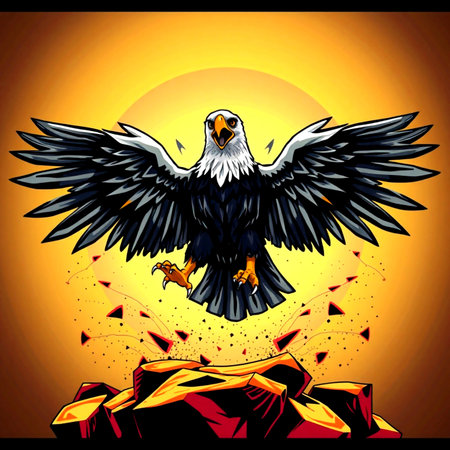 Vector illustration of an eagle on the background of the rising sun.