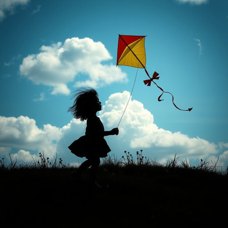 Silhouette of a girl playing with a kite in the meadowの写真素材
