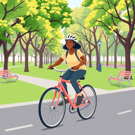 Young black woman riding a bicycle in the park. Vector illustration.
