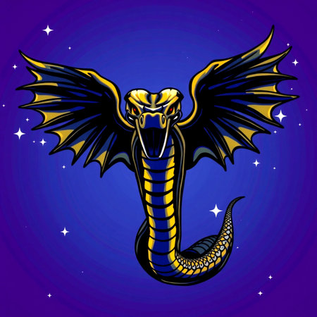 Illustration of a cobra with wings and stars in the background