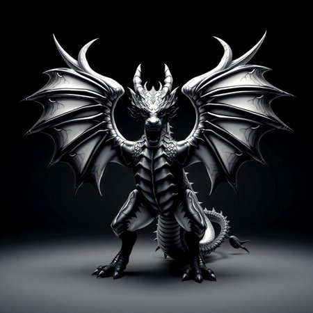 dragon on a black background, 3d render, black and whiteの写真素材