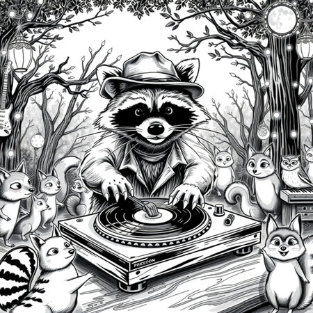 Raccoon playing vinyl record in the forest. Black and white illustration.の写真素材