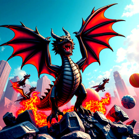 dragon with fire and city in the background. 3d illustration.