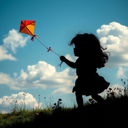 silhouette of a little girl with a kite in the fieldの写真素材
