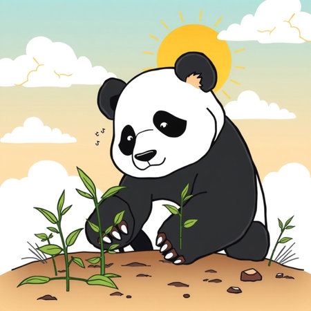 Illustration of a Panda sitting on the ground with sun in the backgroundの写真素材