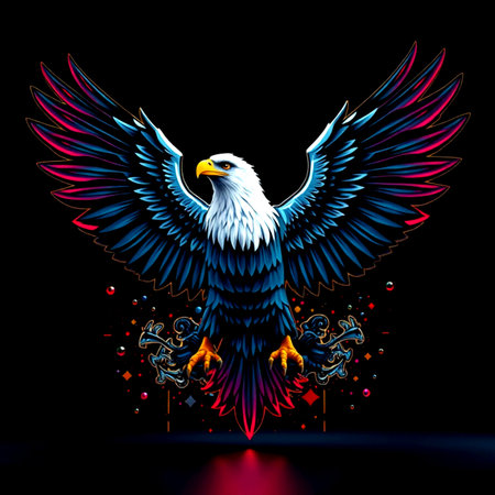 Eagle with wings and fire on a black background. Vector illustration.