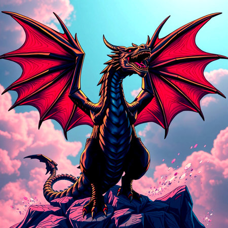 Dragon on the background of the sky with clouds. Vector illustration.