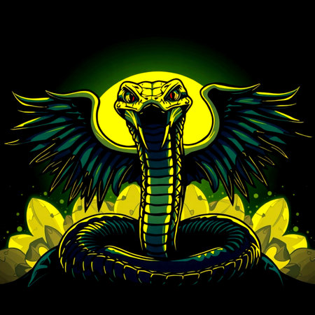 vector illustration of a snake with wings on a black background with yellow leaves